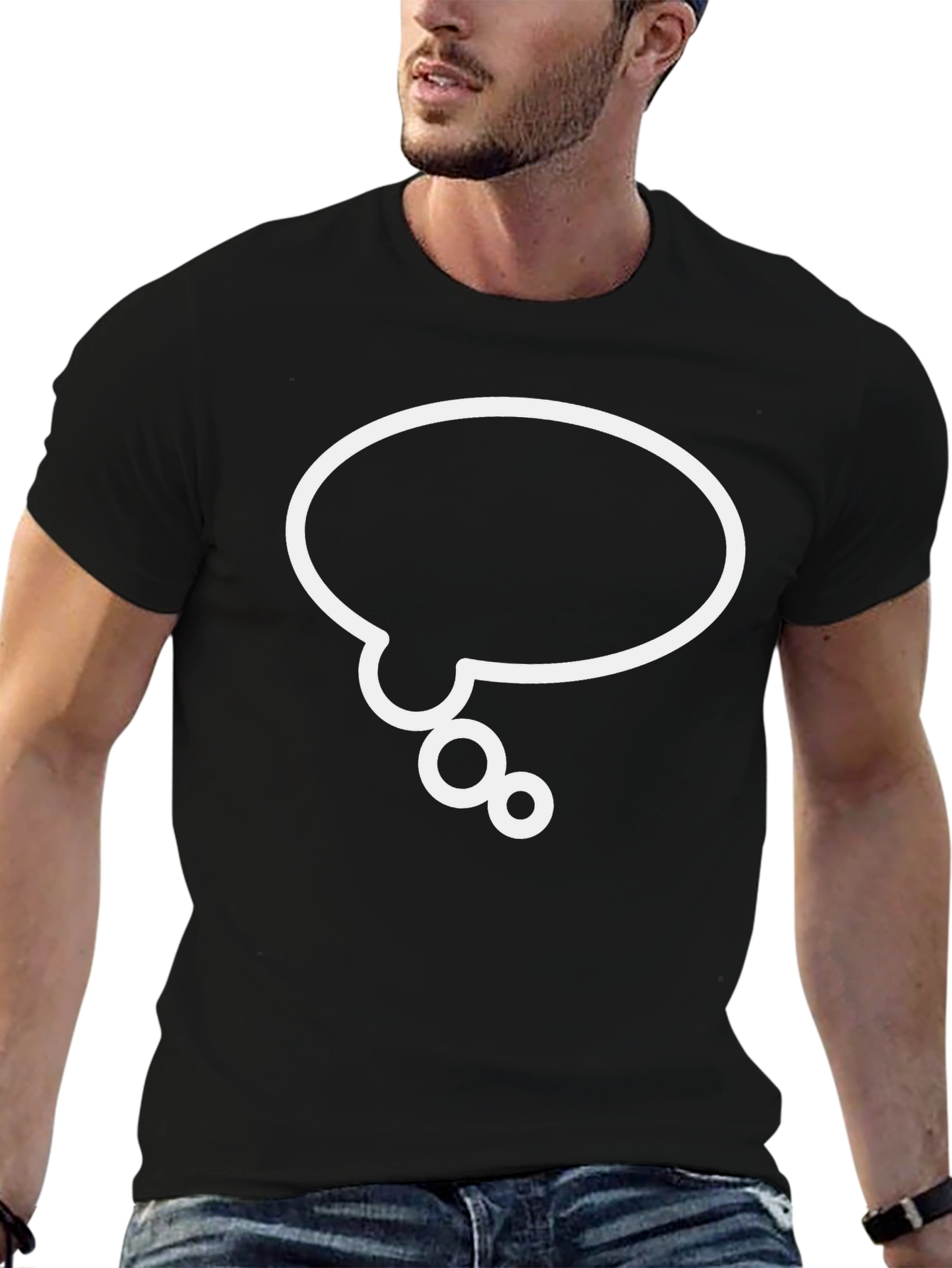 Black T-Shirt with White Thinking Bubble Graphic