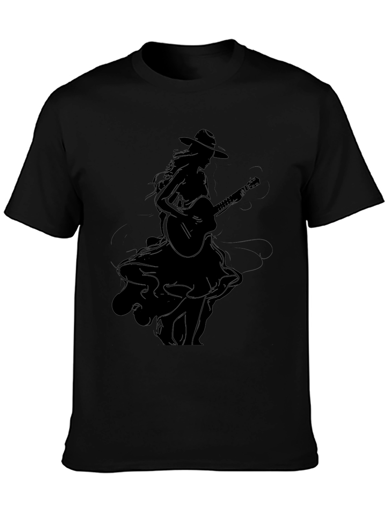 Stylish Black Graphic T-Shirt - Woman with Guitar