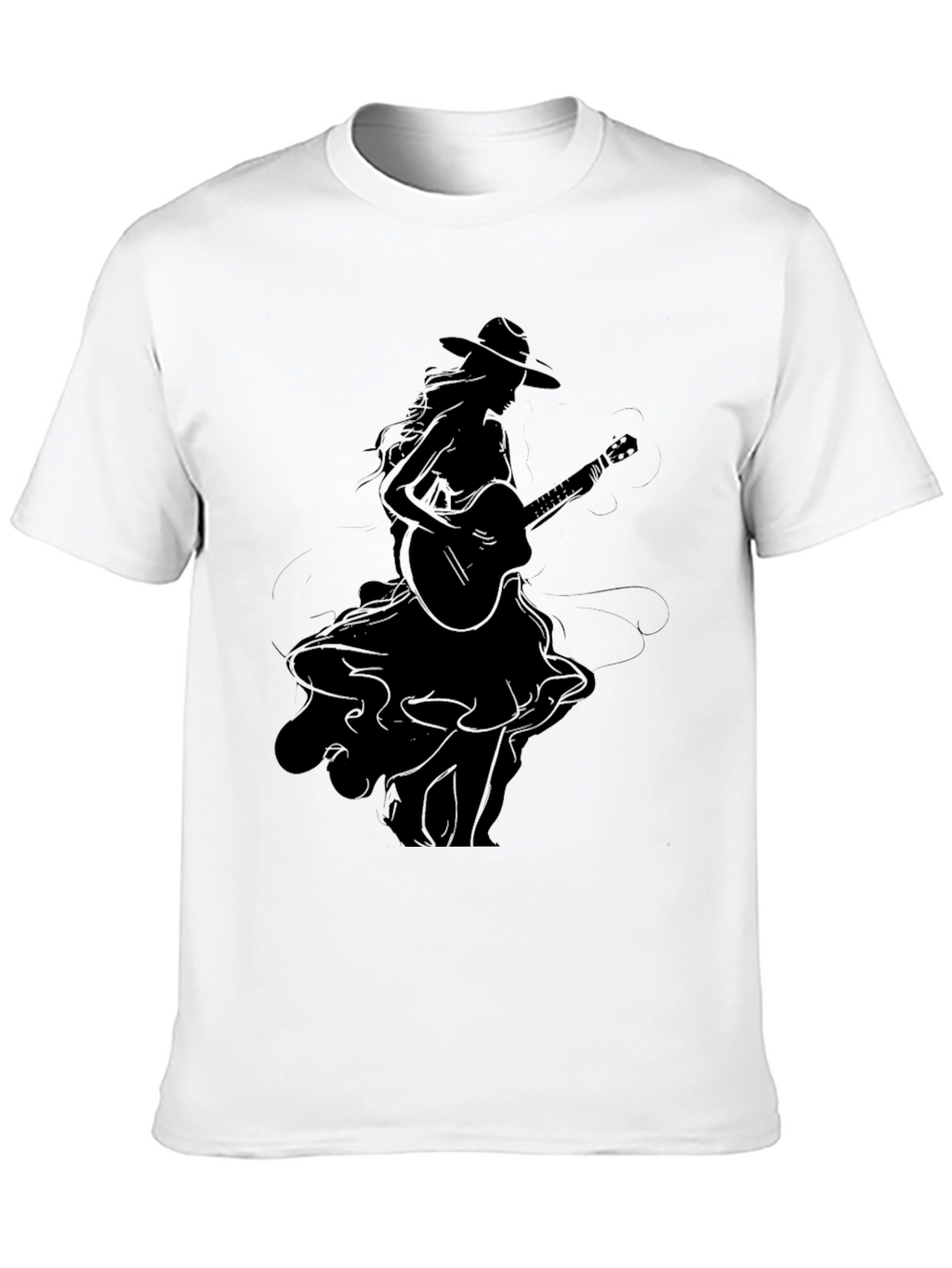 Stylish Black Graphic T-Shirt - Woman with Guitar
