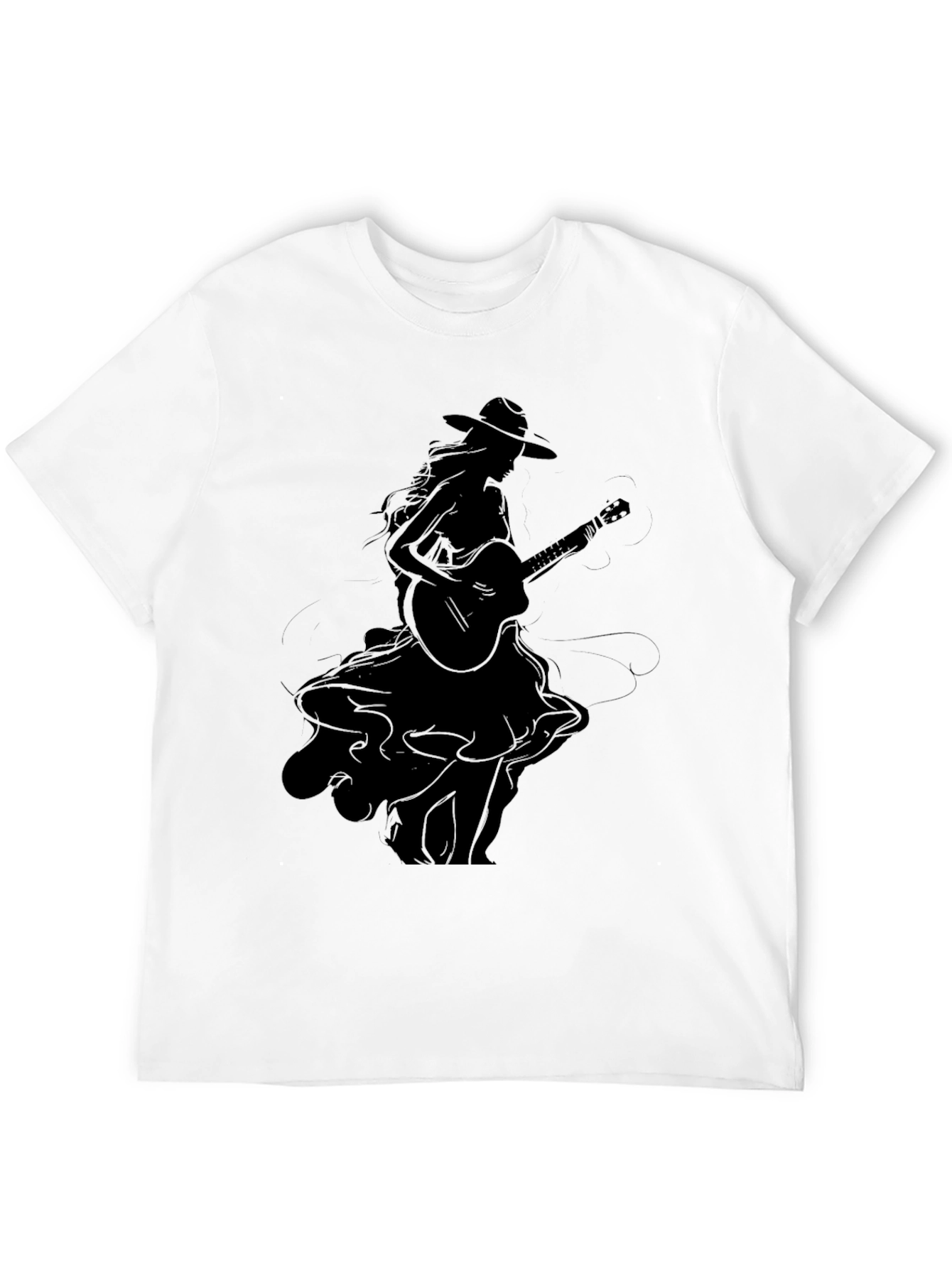 Stylish Black Graphic T-Shirt - Woman with Guitar