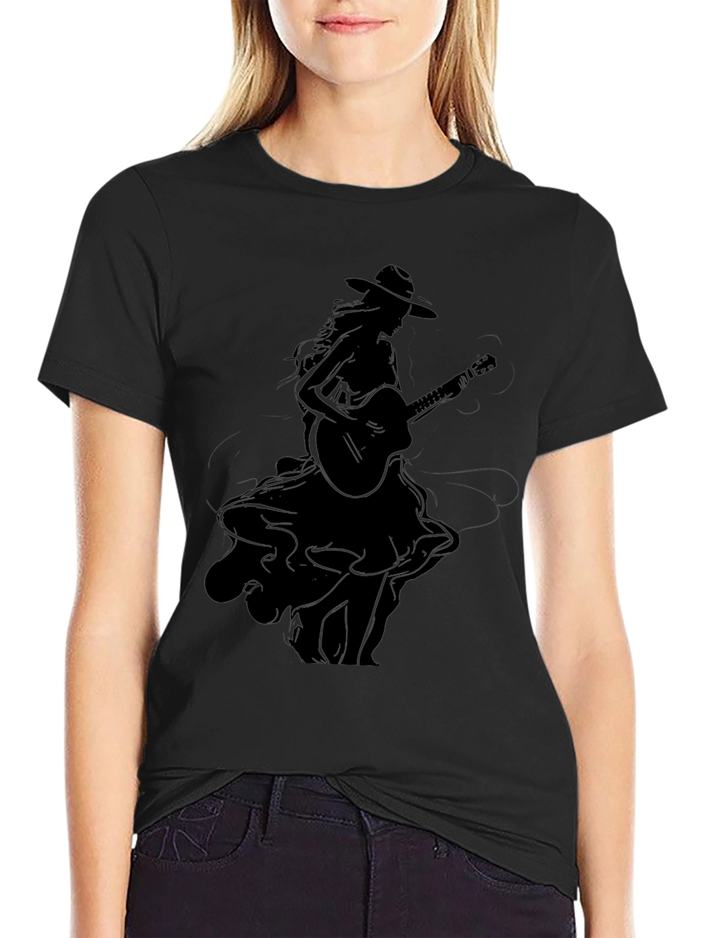Stylish Black Graphic T-Shirt - Woman with Guitar