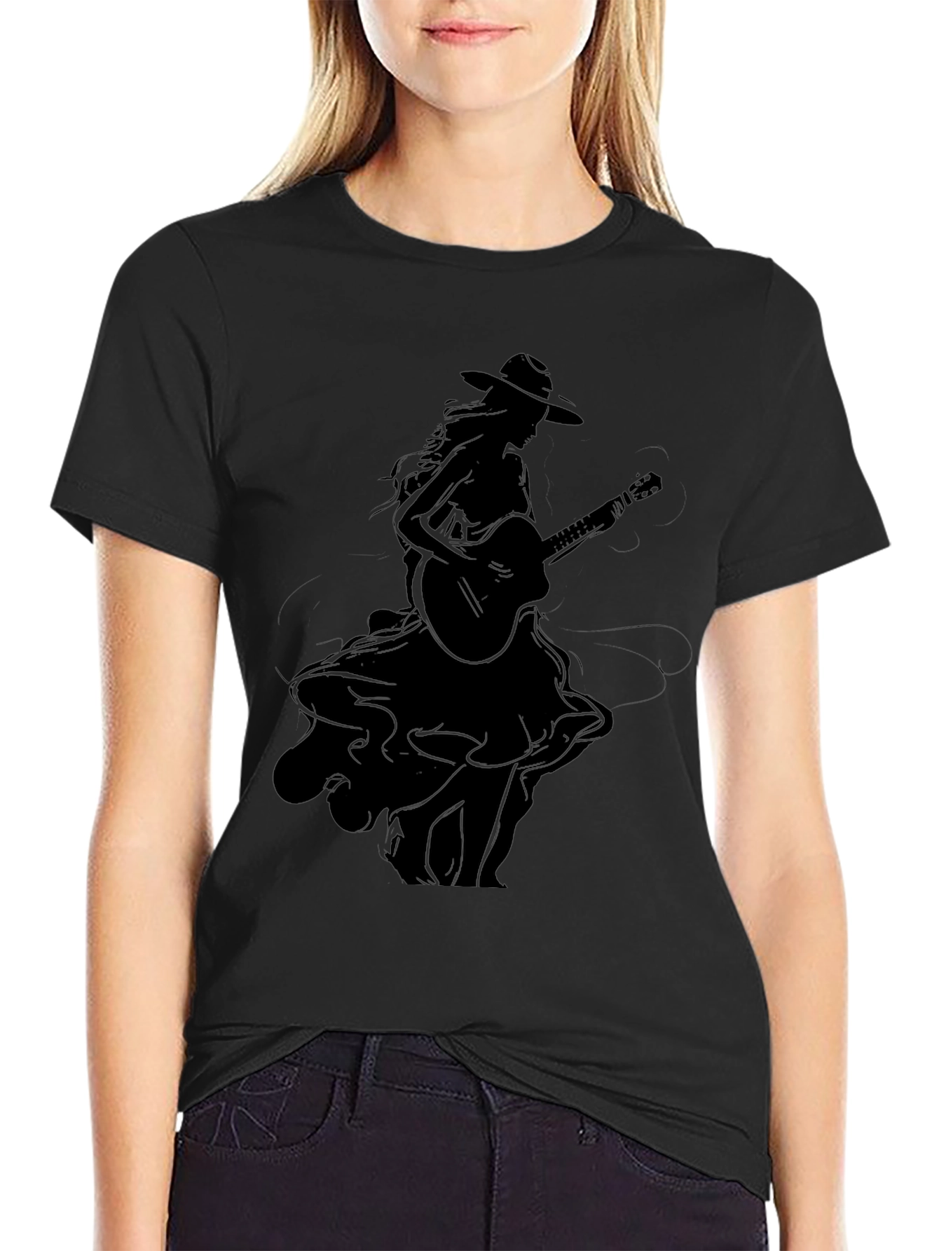 Stylish Black Graphic T-Shirt - Woman with Guitar