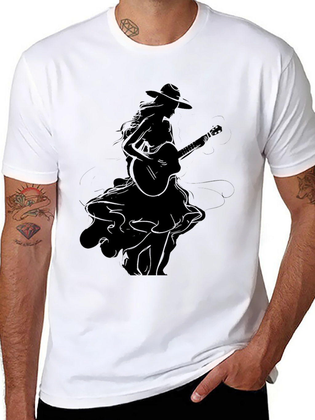 Stylish Black Graphic T-Shirt - Woman with Guitar