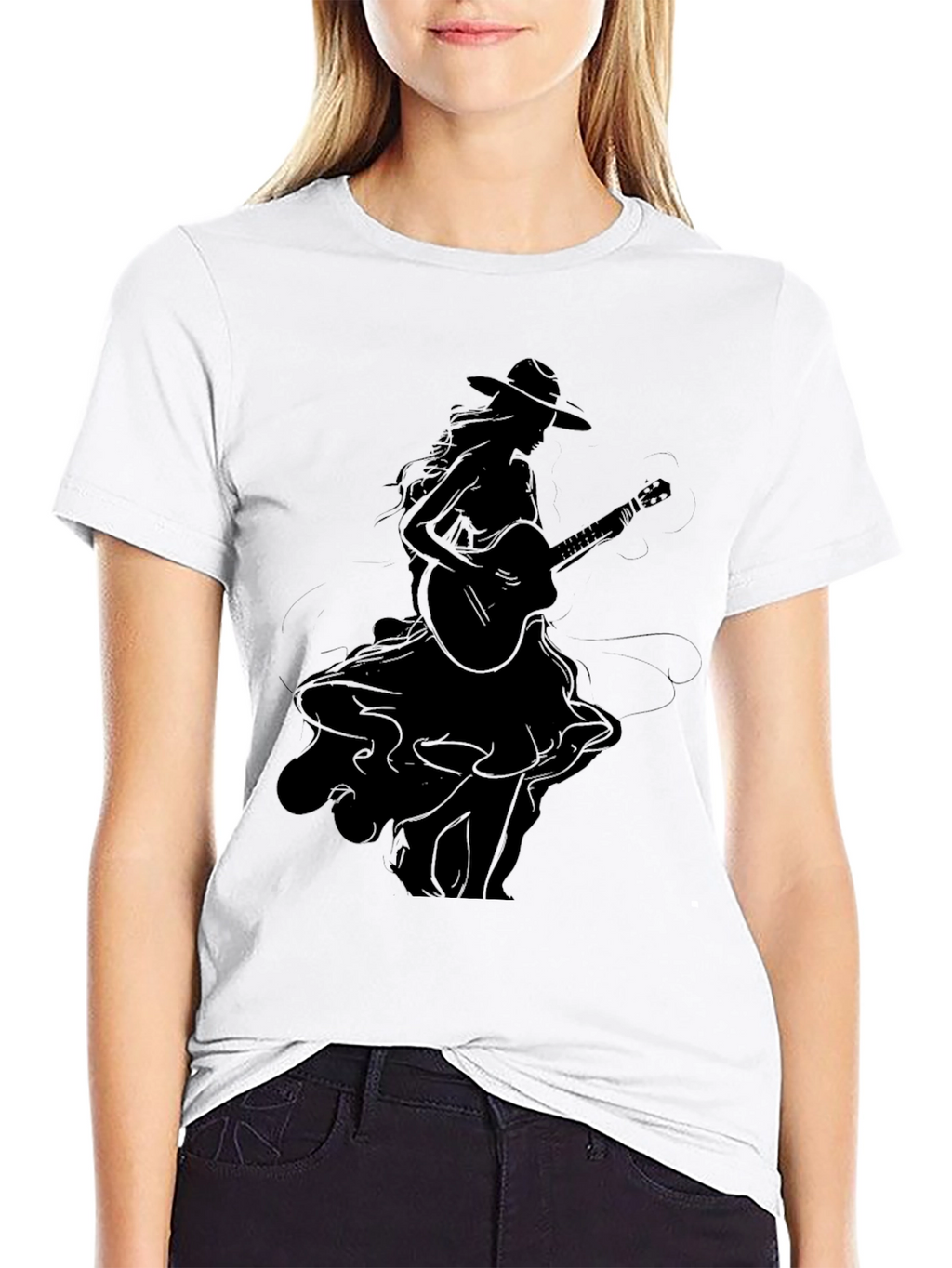 Stylish Black Graphic T-Shirt - Woman with Guitar