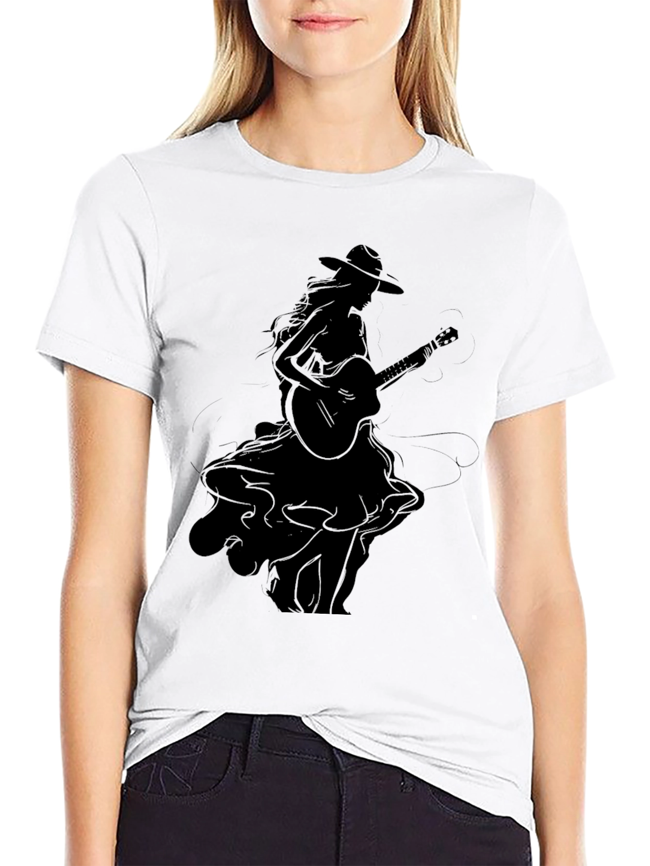 Stylish Black Graphic T-Shirt - Woman with Guitar