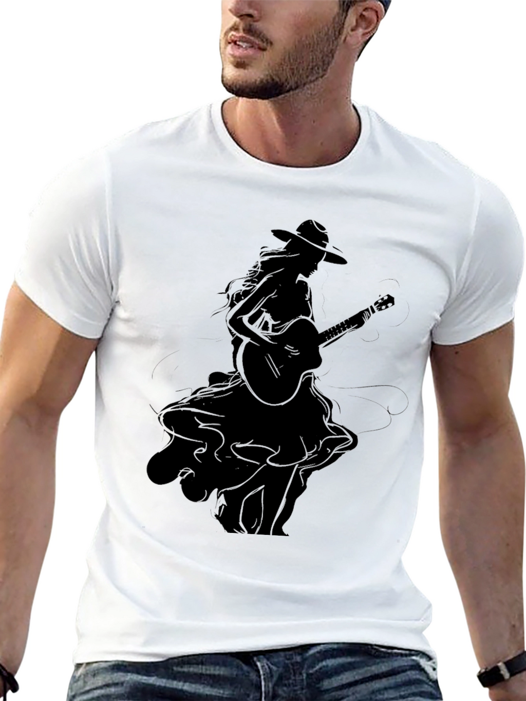 Stylish Black Graphic T-Shirt - Woman with Guitar