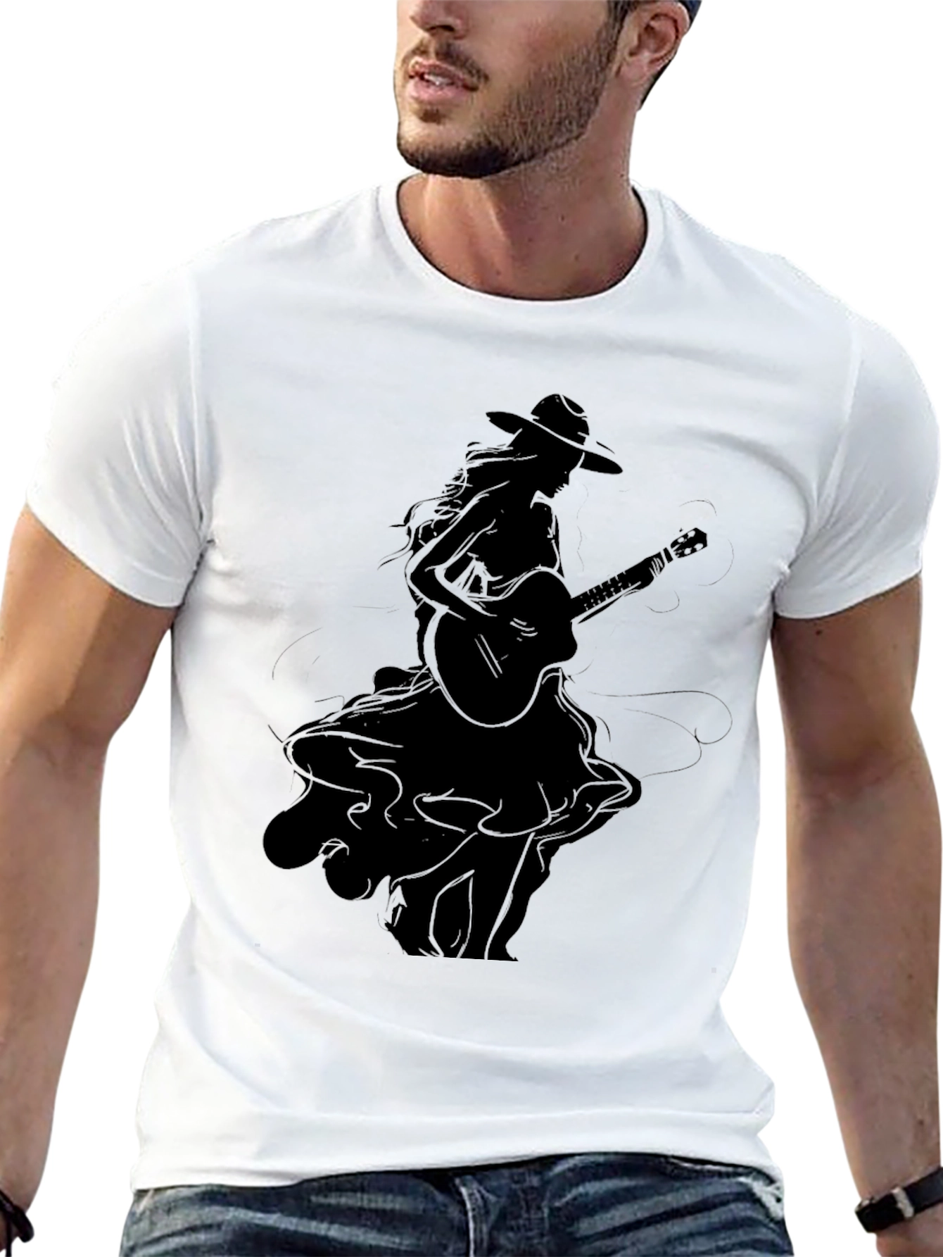 Stylish Black Graphic T-Shirt - Woman with Guitar
