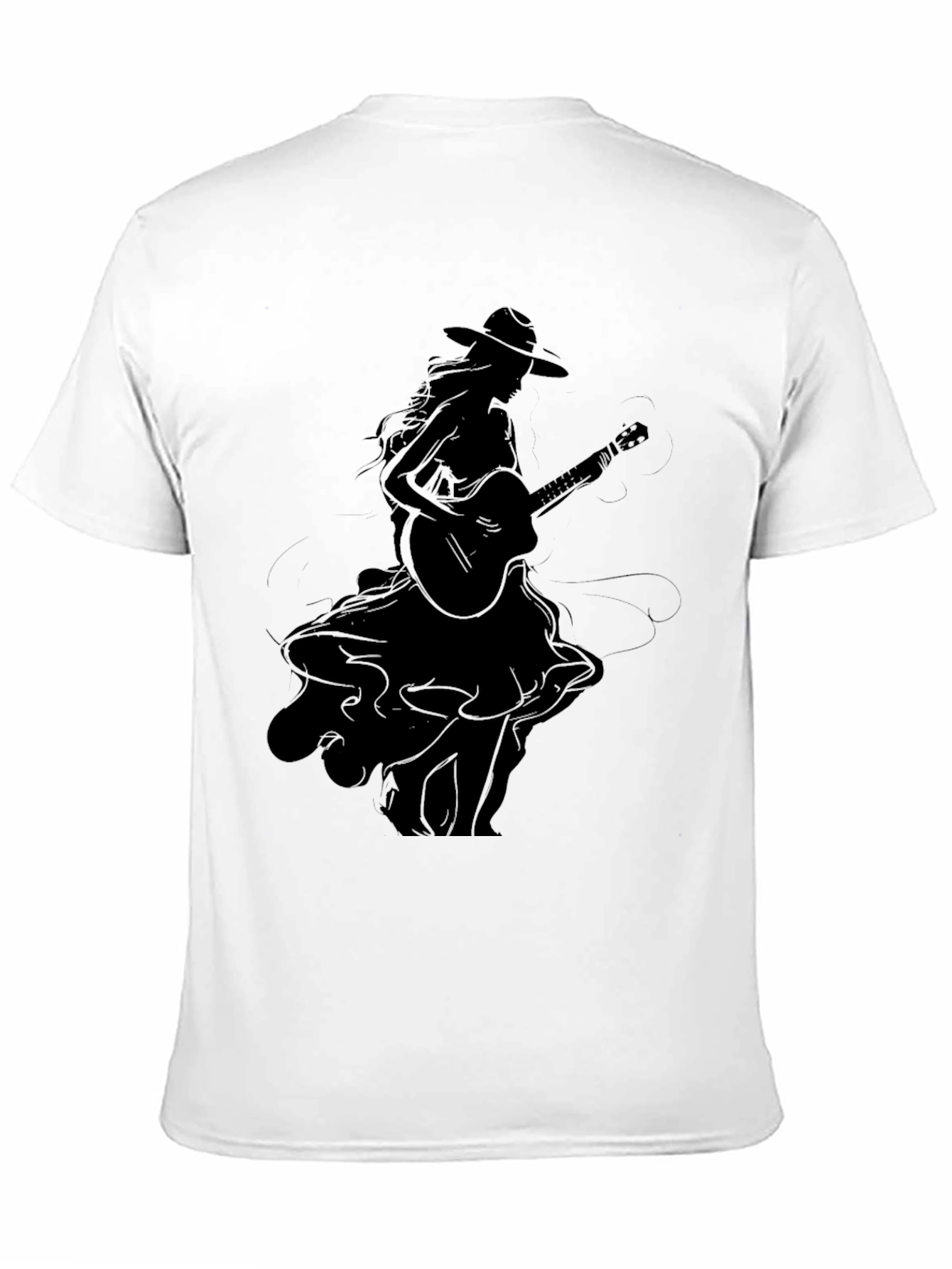 Stylish Black Graphic T-Shirt - Woman with Guitar