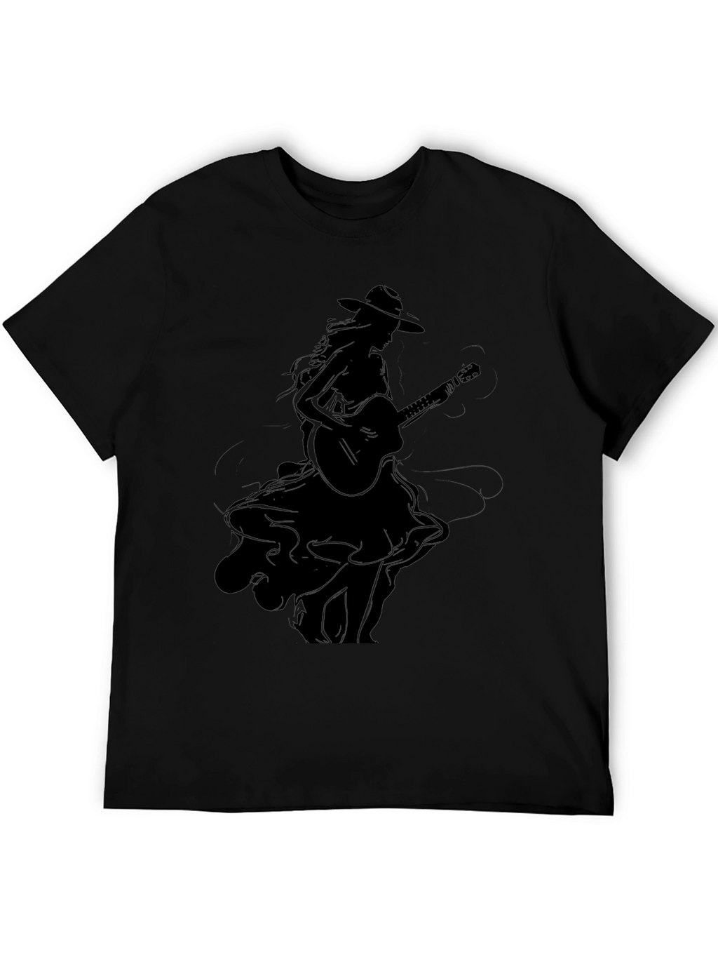 Stylish Black Graphic T-Shirt - Woman with Guitar