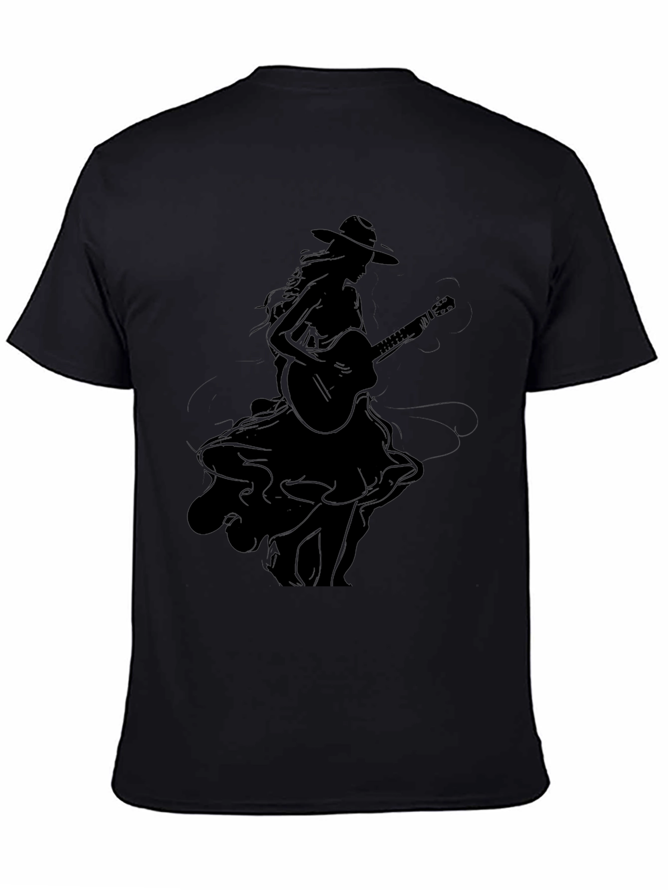 Stylish Black Graphic T-Shirt - Woman with Guitar