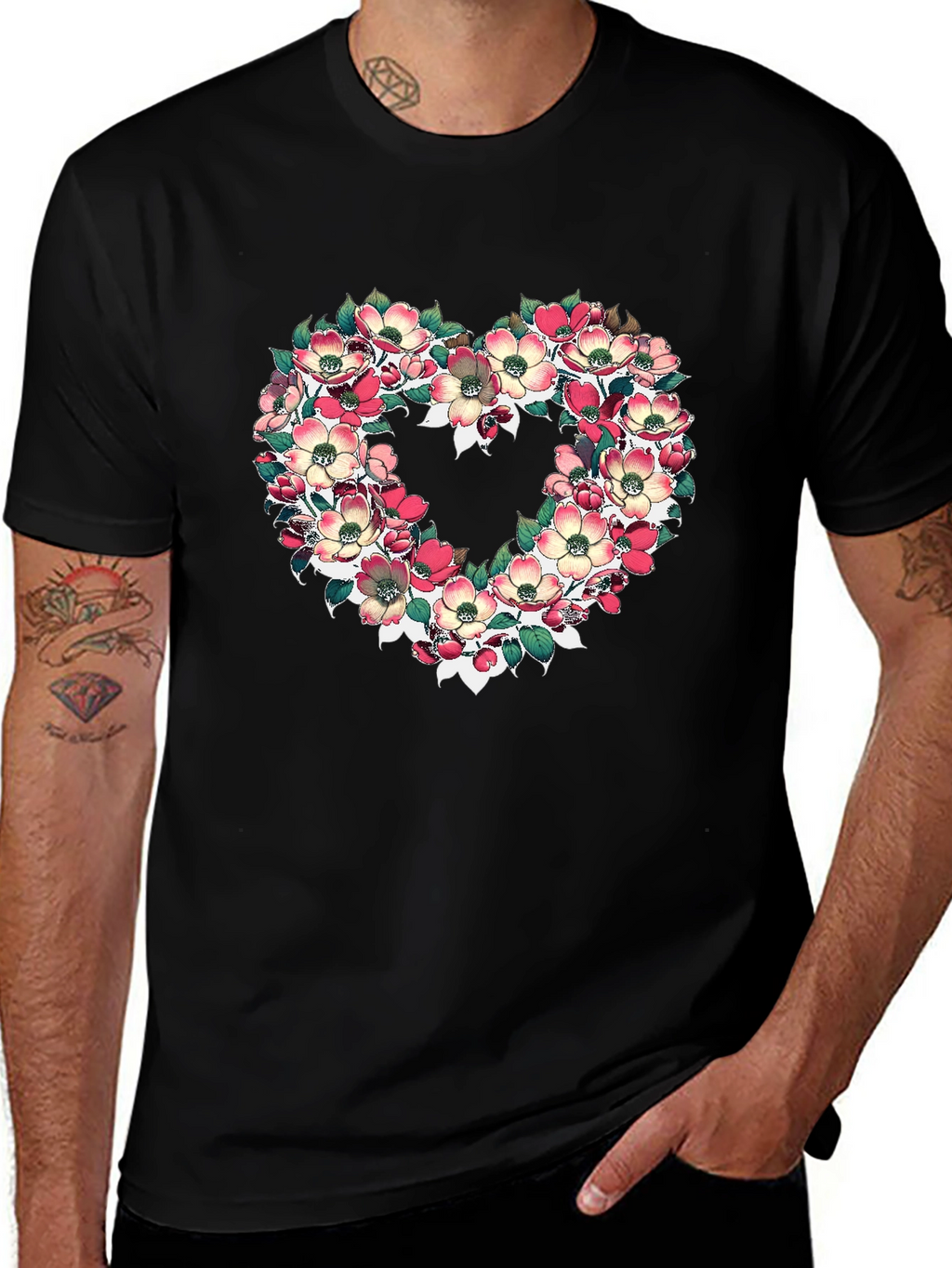 Floral Heart Graphic T-Shirt - Black