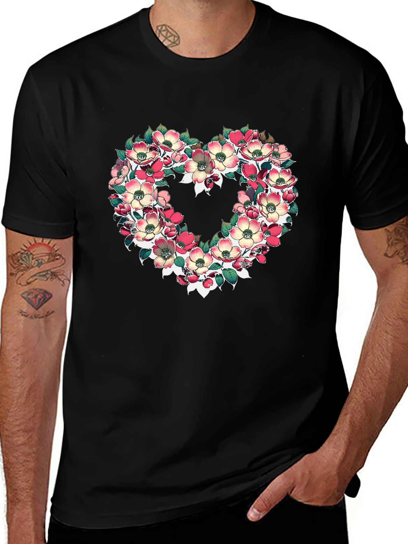 Floral Heart Graphic T-Shirt - Black