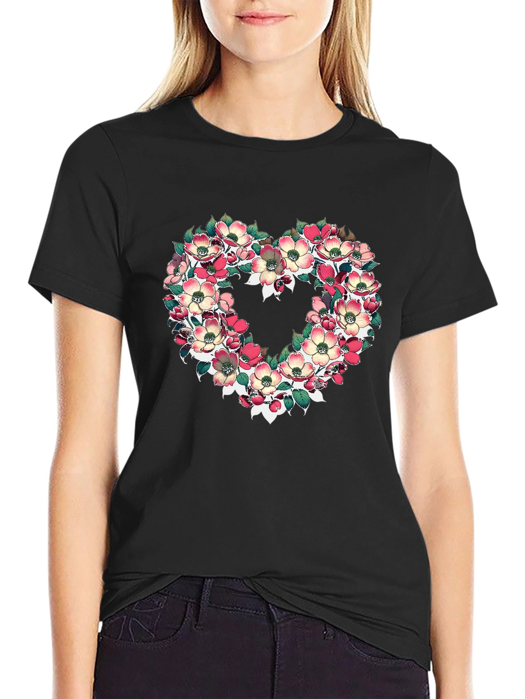 Floral Heart Graphic T-Shirt - Black