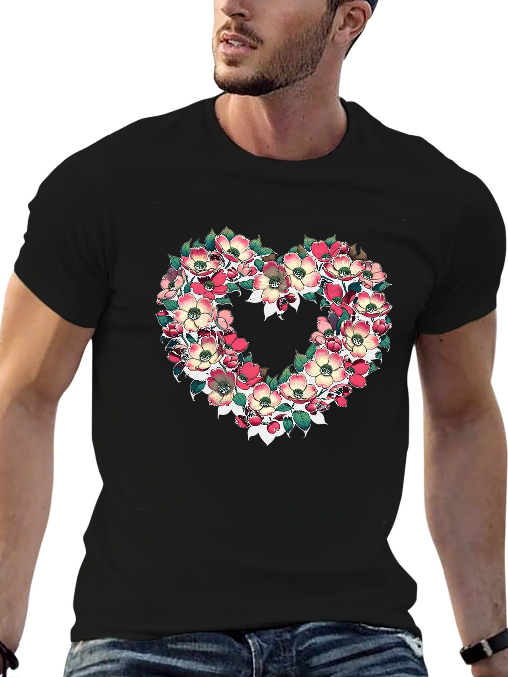 Floral Heart Graphic T-Shirt - Black