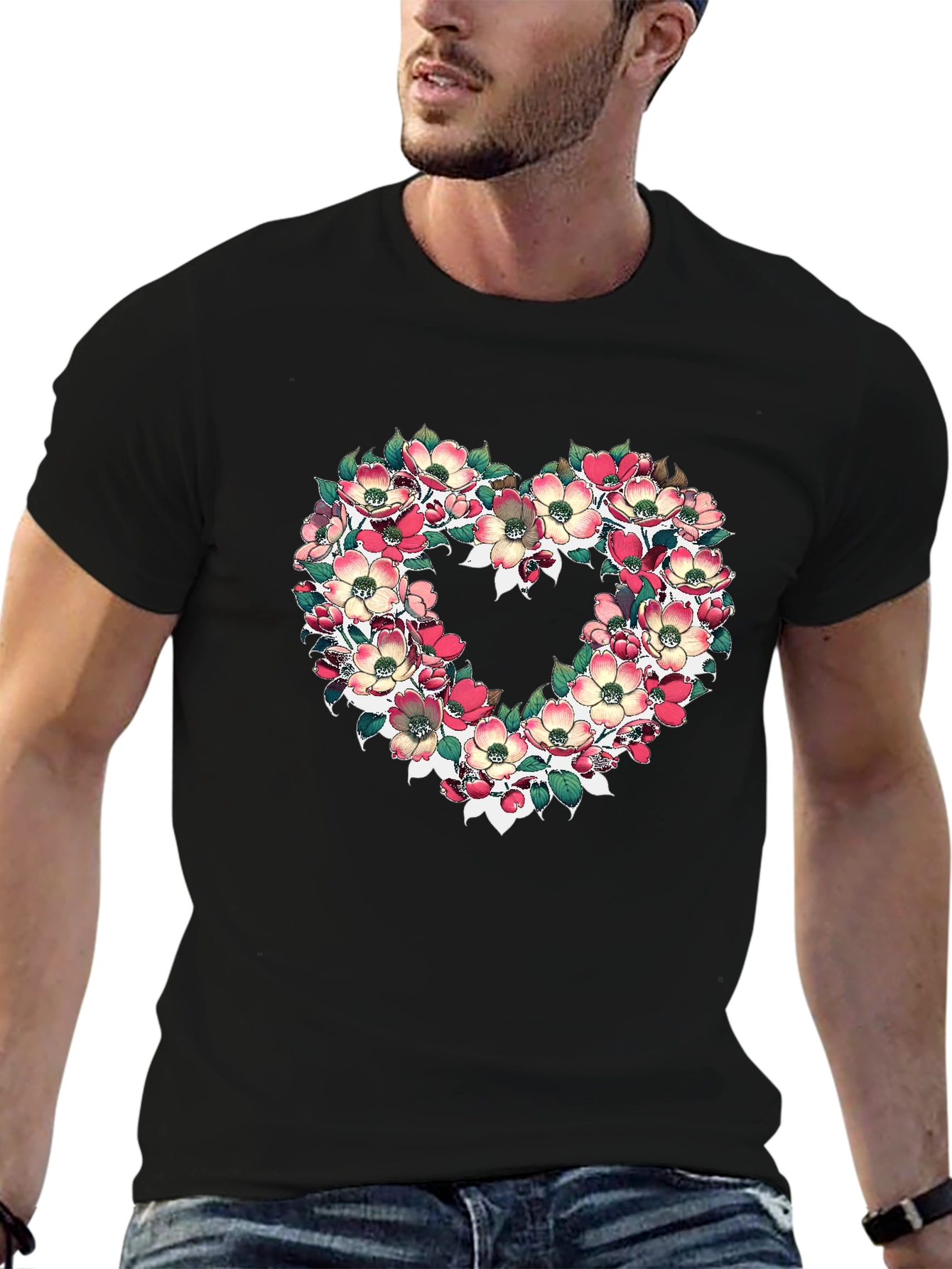 Floral Heart Graphic T-Shirt - Black