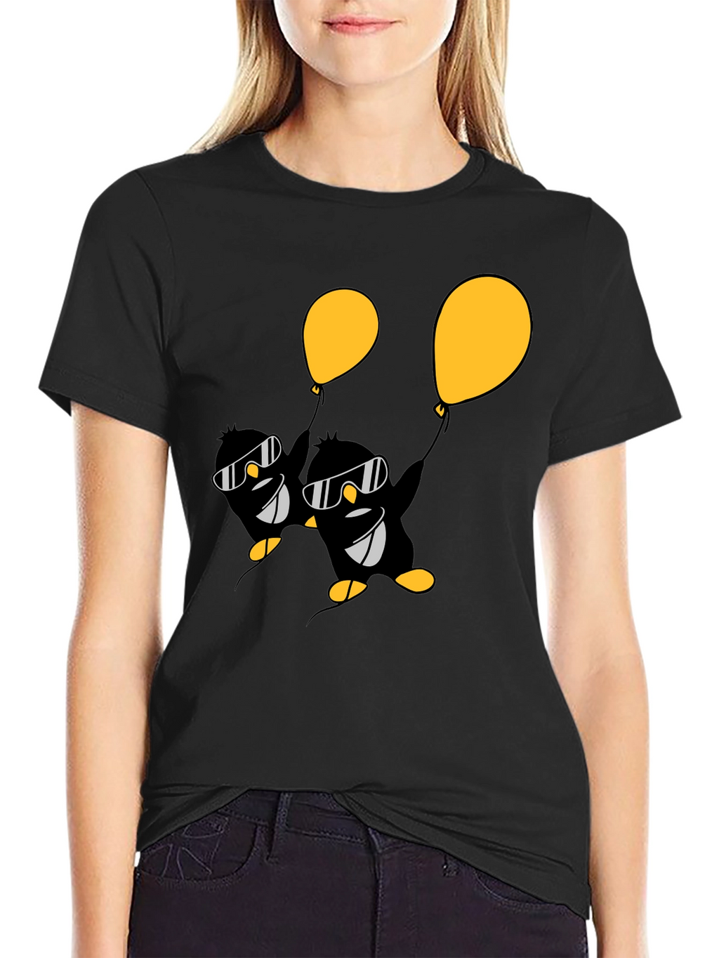 Cool Penguin Balloon Graphic Tee - Black