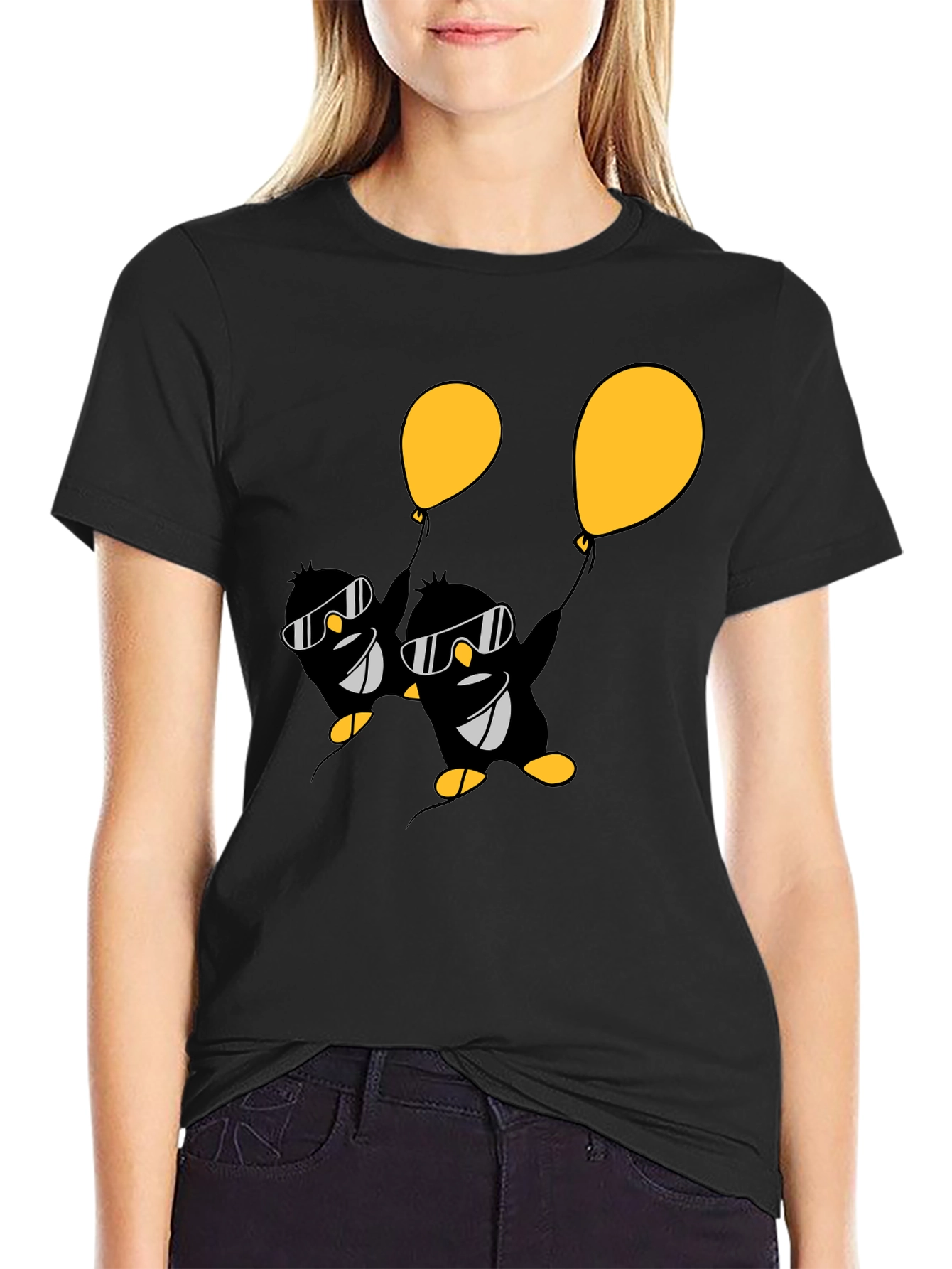 Cool Penguin Balloon Graphic Tee - Black