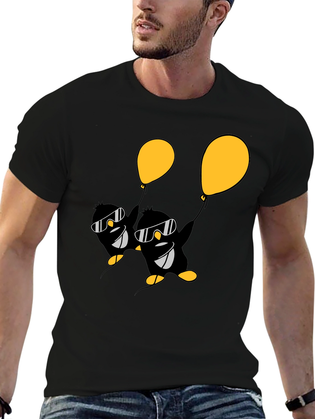 Cool Penguin Balloon Graphic Tee - Black