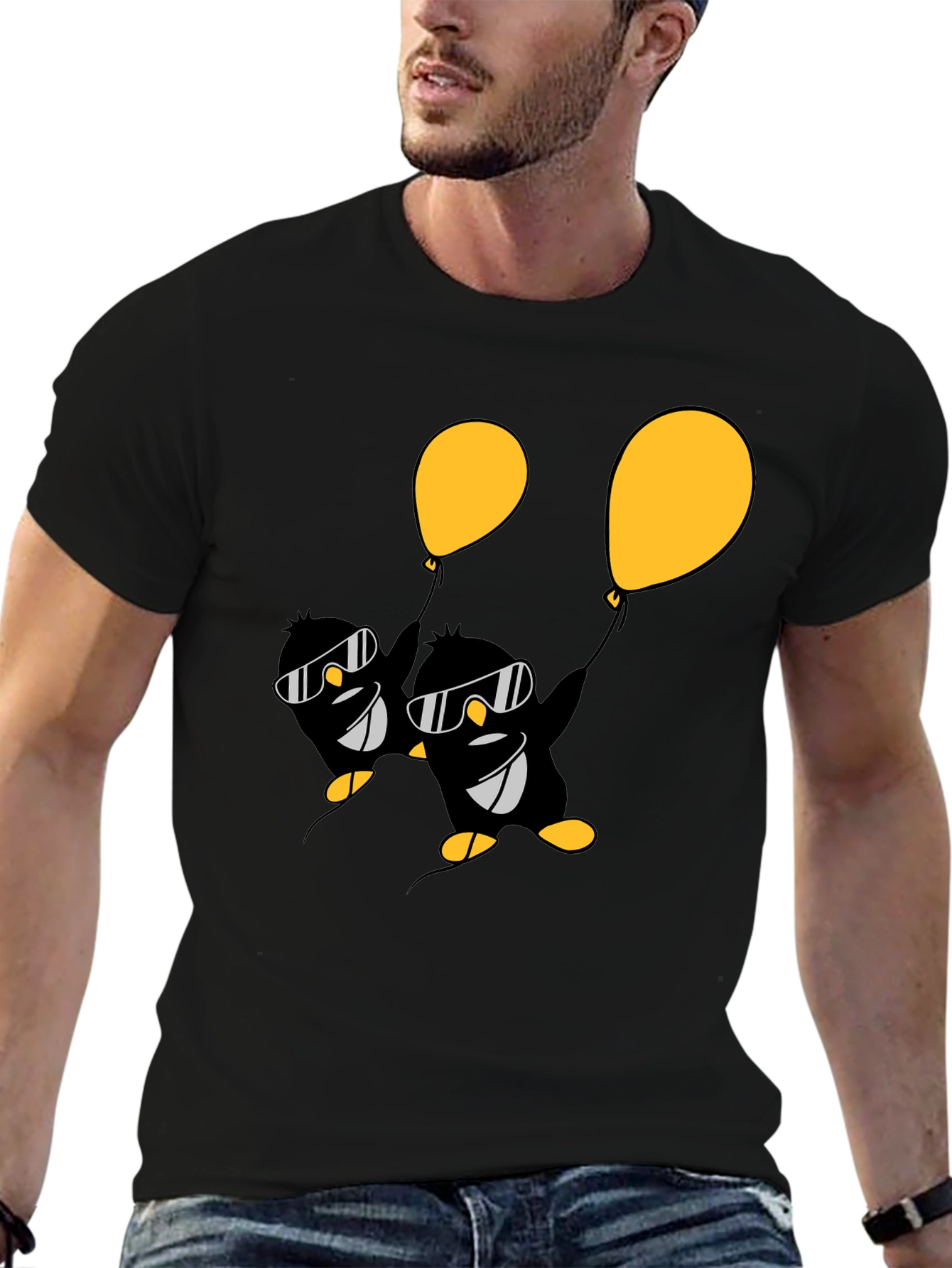 Cool Penguin Balloon Graphic Tee - Black