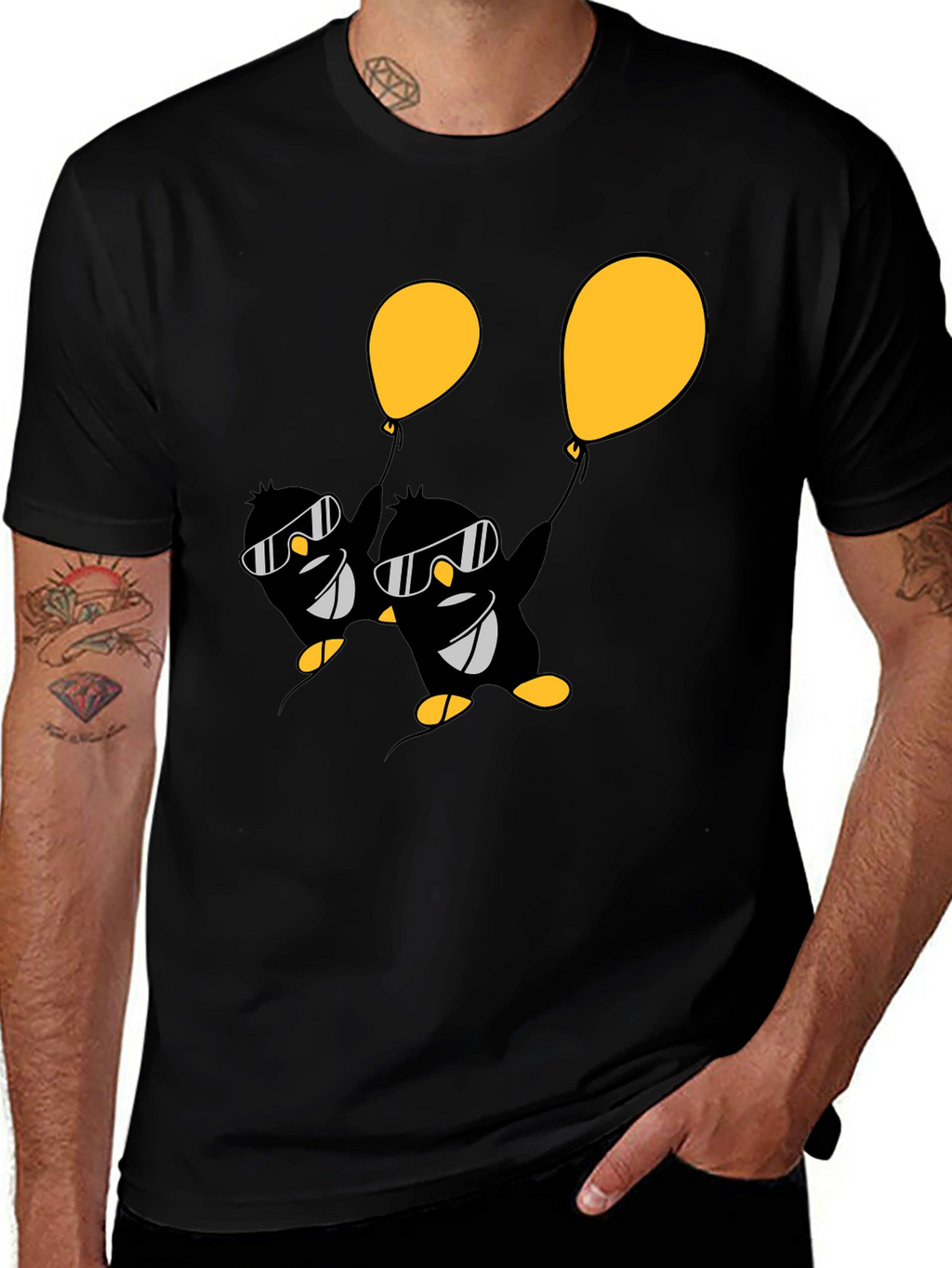 Cool Penguin Balloon Graphic Tee - Black