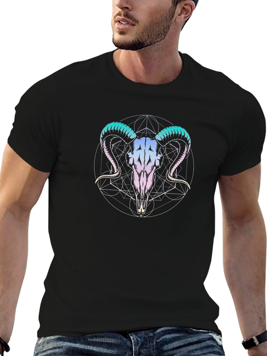 Ram Skull Graphic Tee - Black Cotton T-Shirt