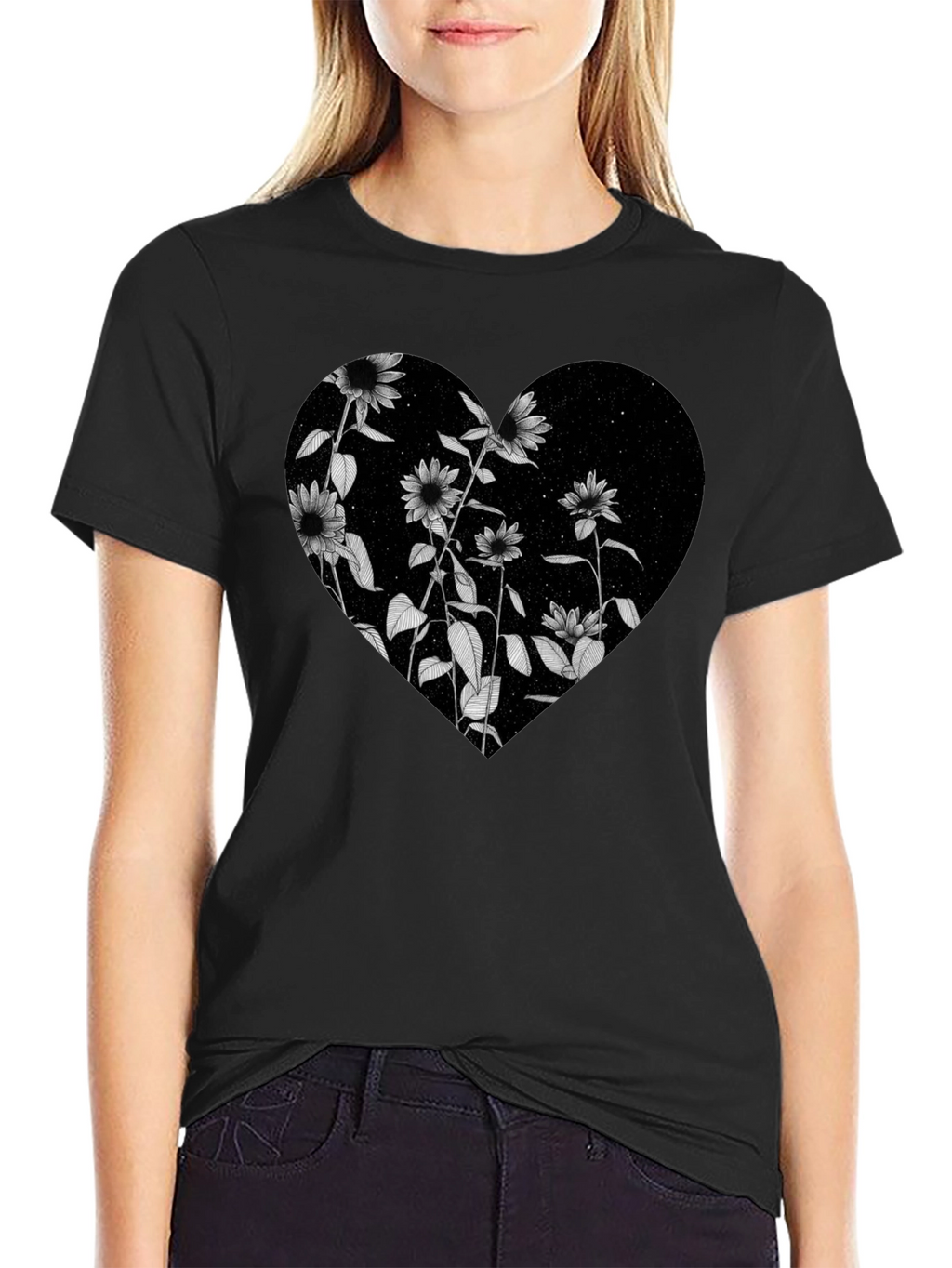 Floral Heart Graphic Black T-Shirt