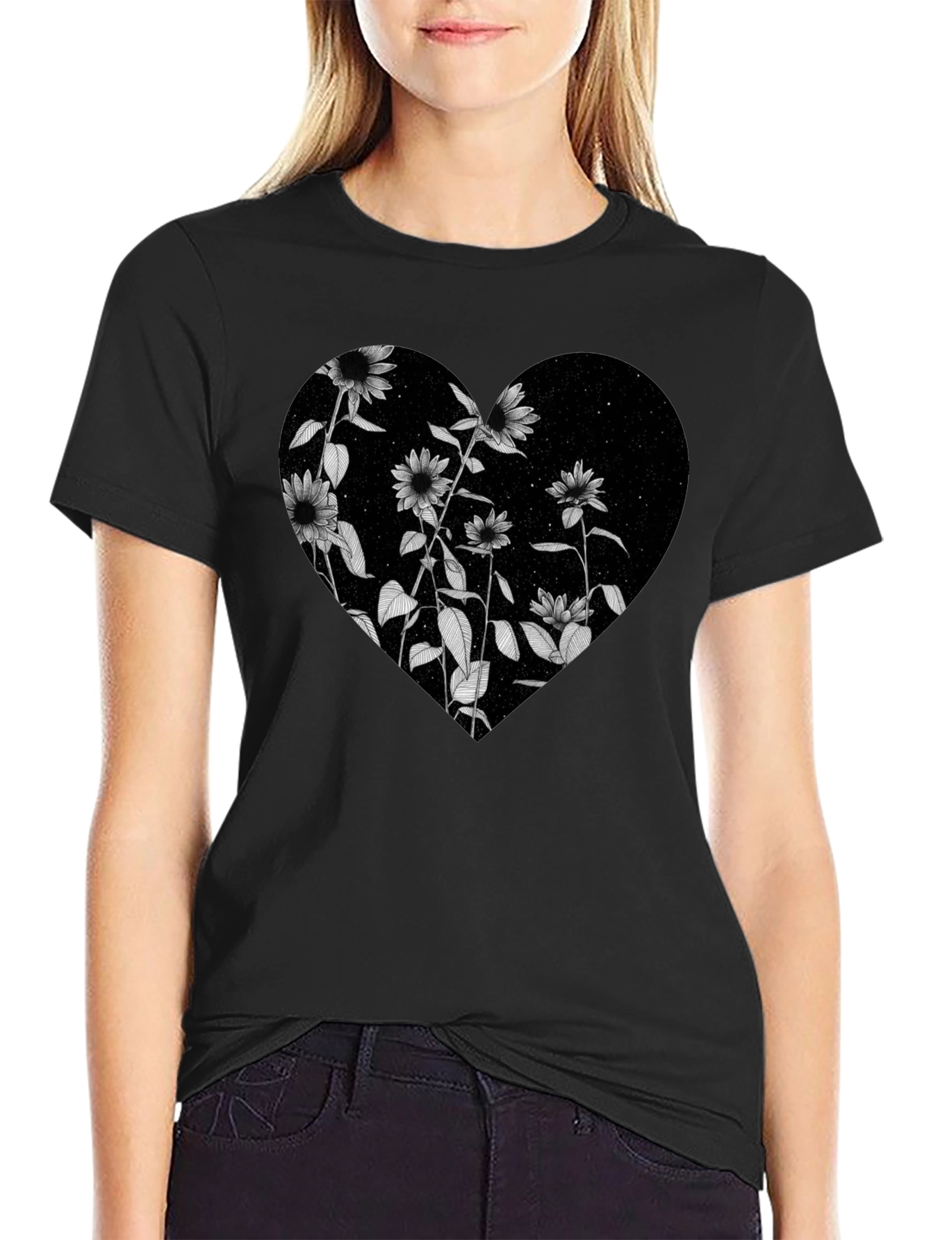 Floral Heart Graphic Black T-Shirt