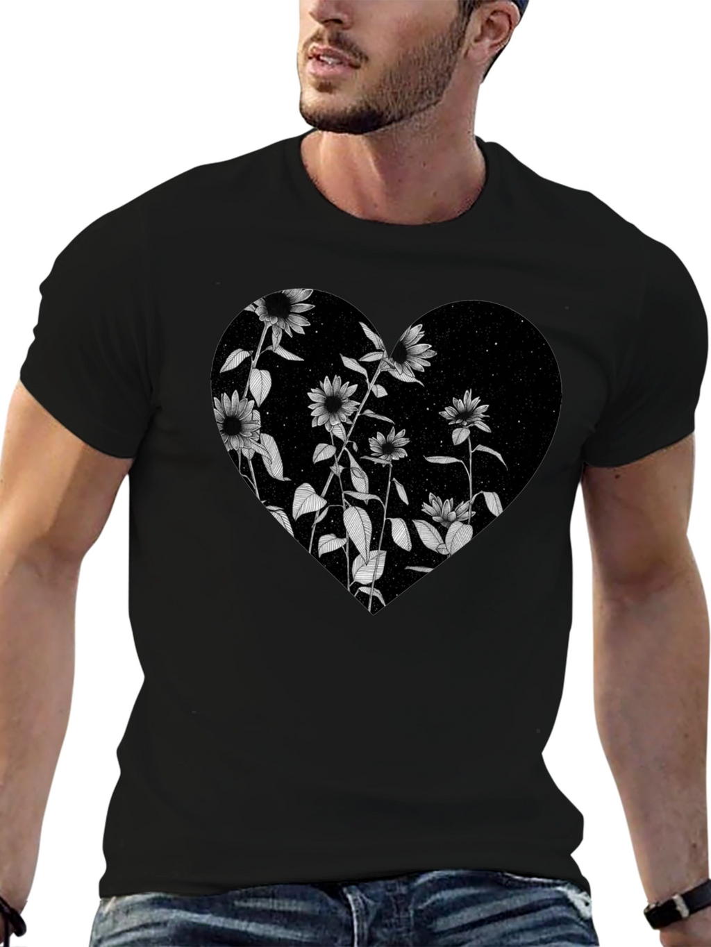 Floral Heart Graphic Black T-Shirt
