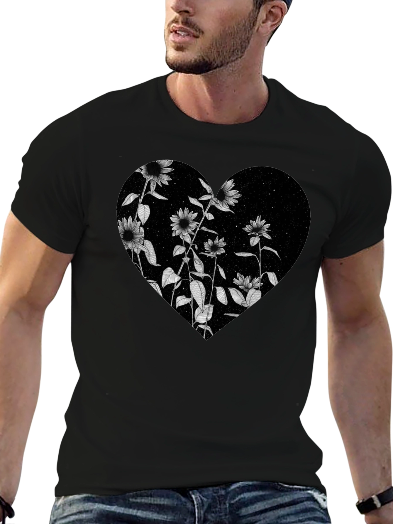 Floral Heart Graphic Black T-Shirt