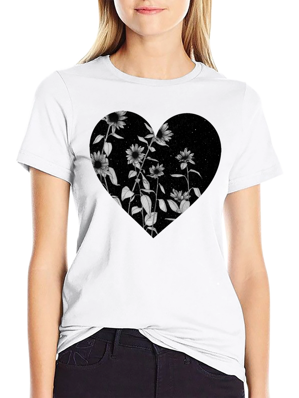 Floral Heart Graphic Black T-Shirt