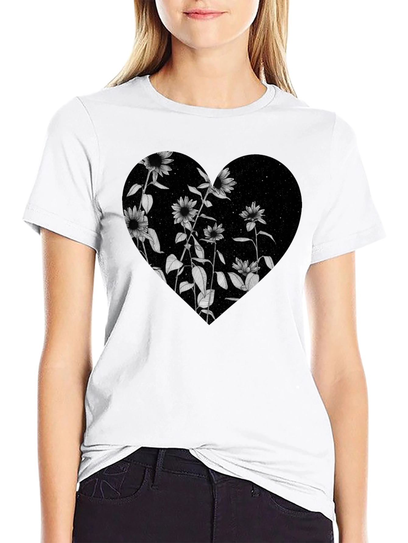 Floral Heart Graphic Black T-Shirt