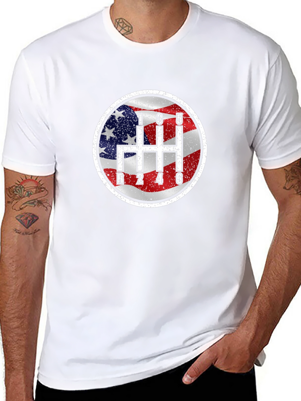 American Flag Manual Shift Car Enthusiast T-Shirt
