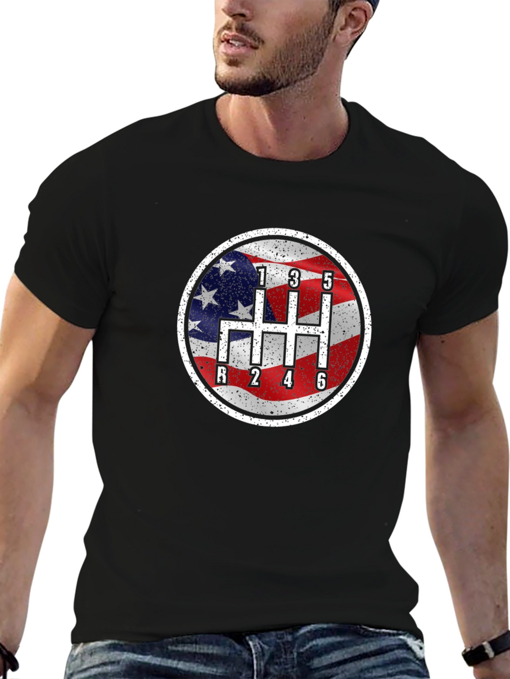 American Flag Manual Shift Car Enthusiast T-Shirt