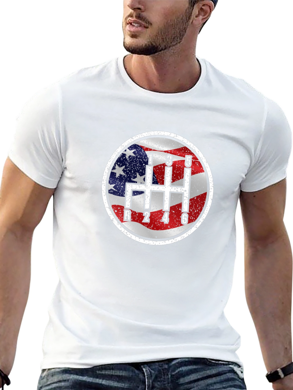 American Flag Manual Shift Car Enthusiast T-Shirt