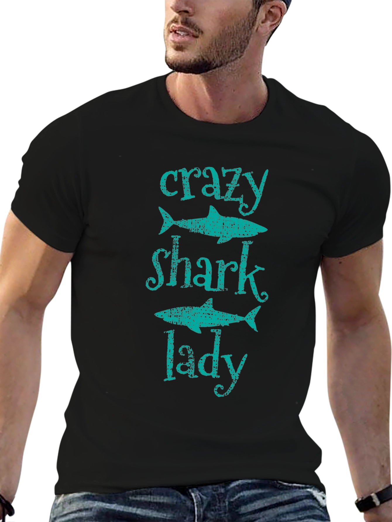 Crazy Shark Lady T-Shirt -  Black Cotton Tee