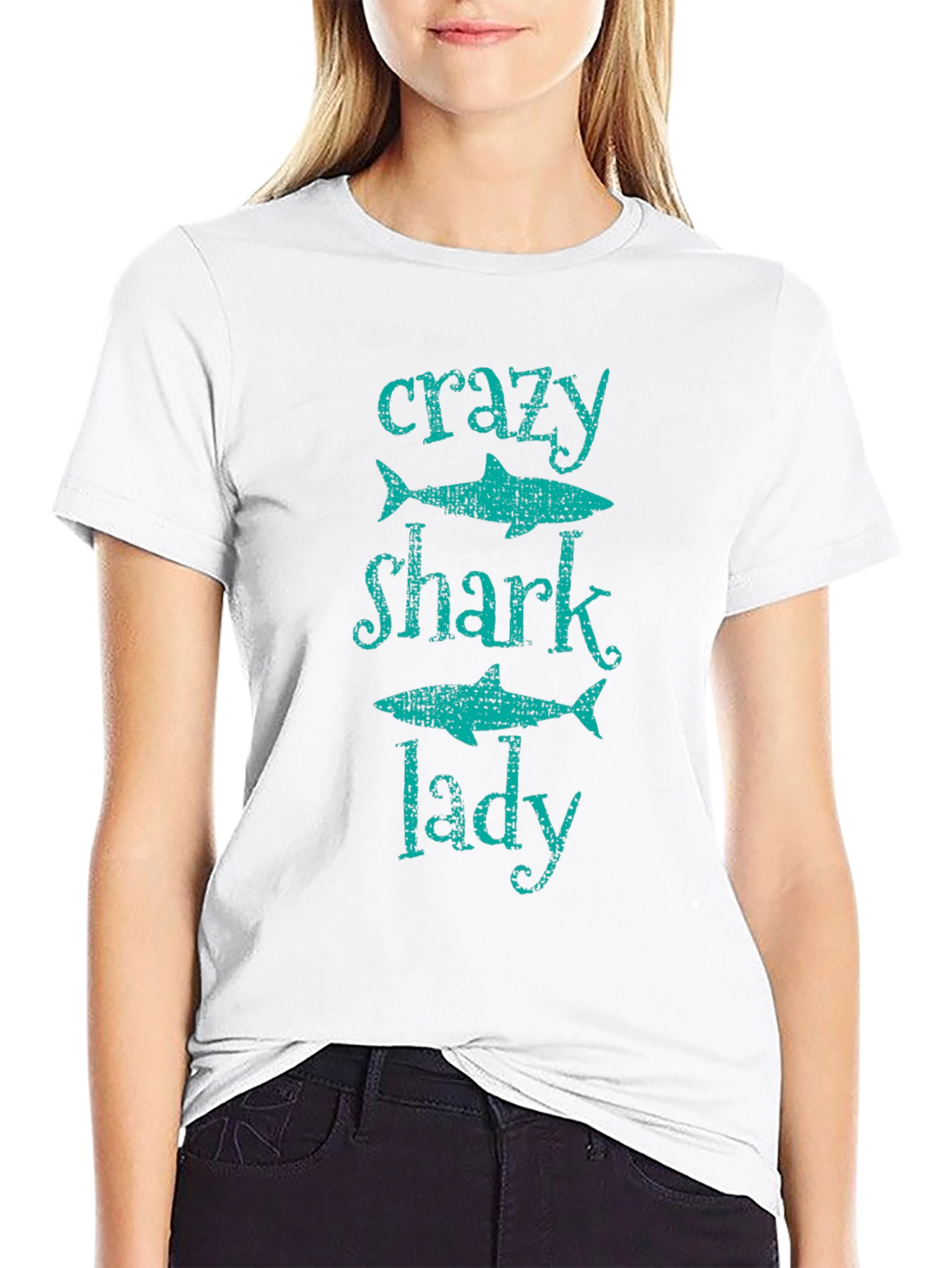 Crazy Shark Lady T-Shirt -  Black Cotton Tee