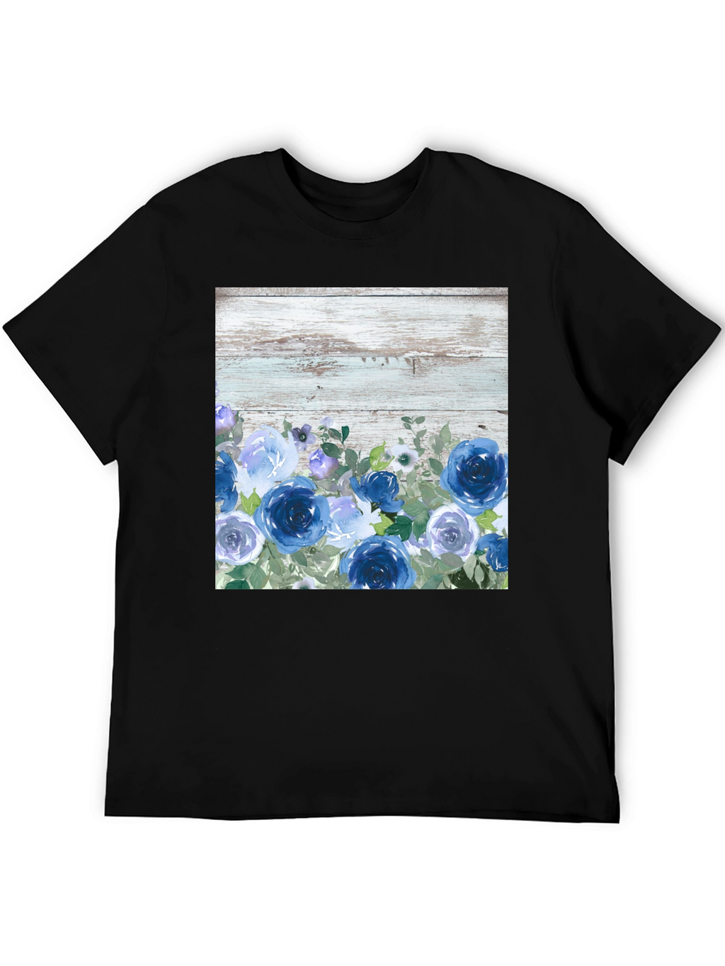 Blue Floral Woodgrain Graphic T-Shirt