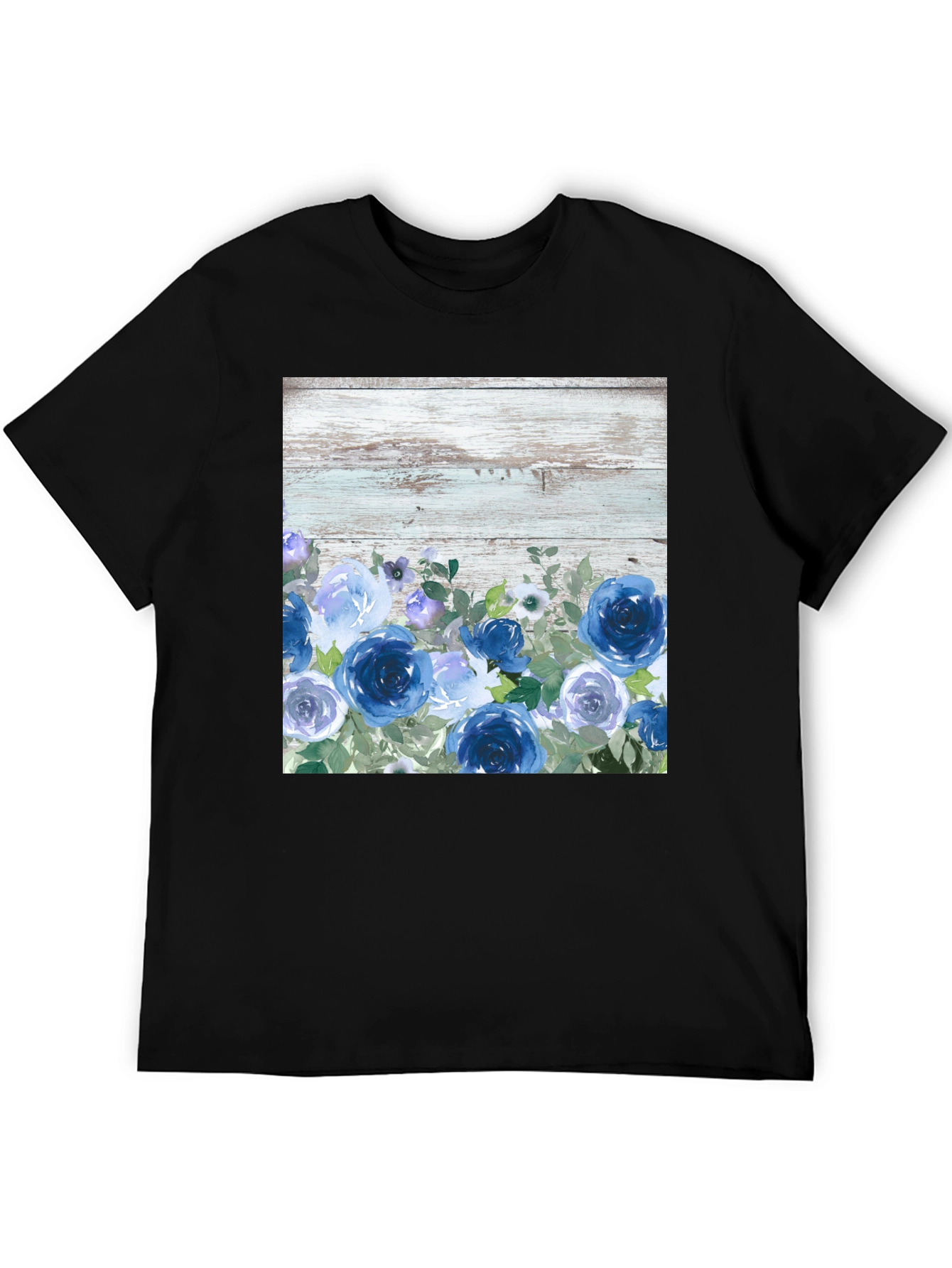Blue Floral Woodgrain Graphic T-Shirt