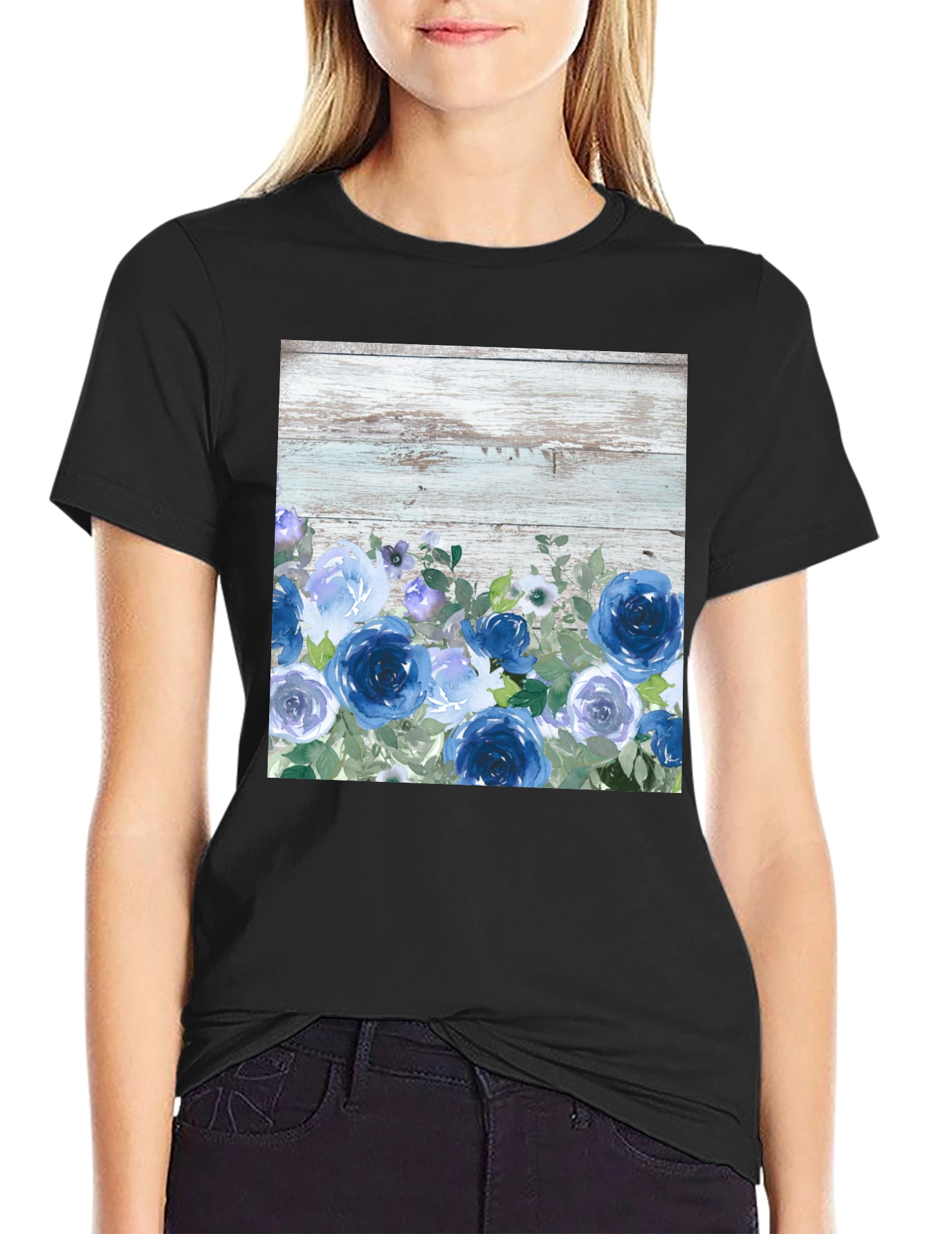 Blue Floral Woodgrain Graphic T-Shirt