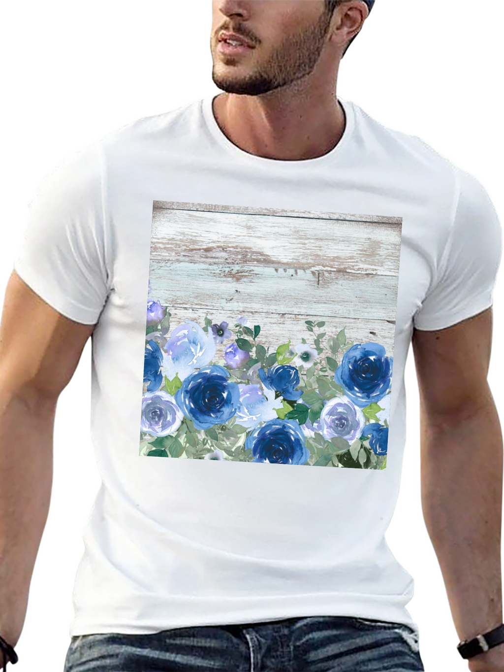 Blue Floral Woodgrain Graphic T-Shirt