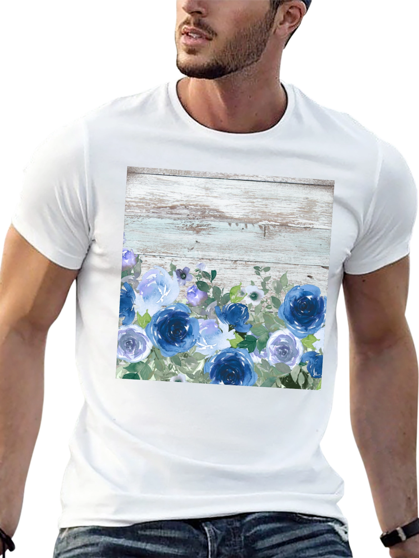 Blue Floral Woodgrain Graphic T-Shirt