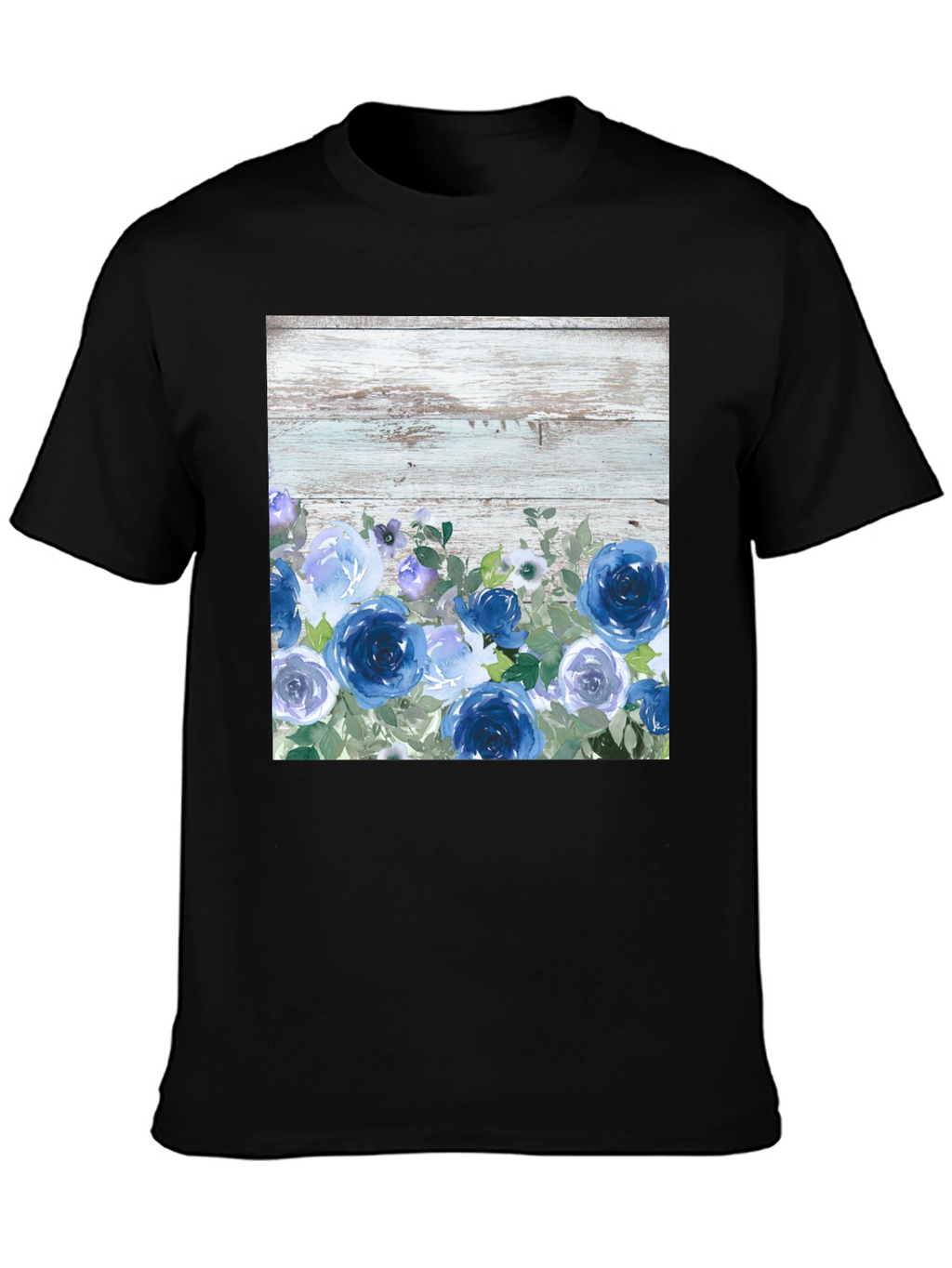 Blue Floral Woodgrain Graphic T-Shirt