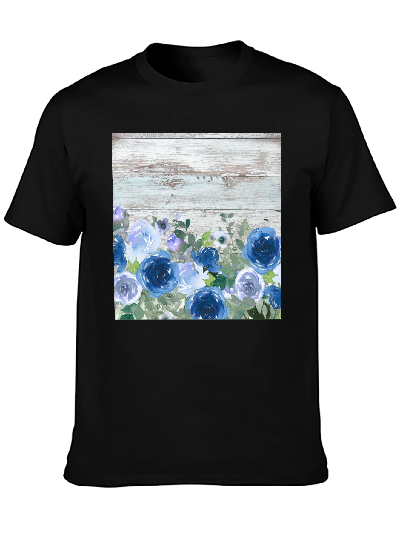 Blue Floral Woodgrain Graphic T-Shirt