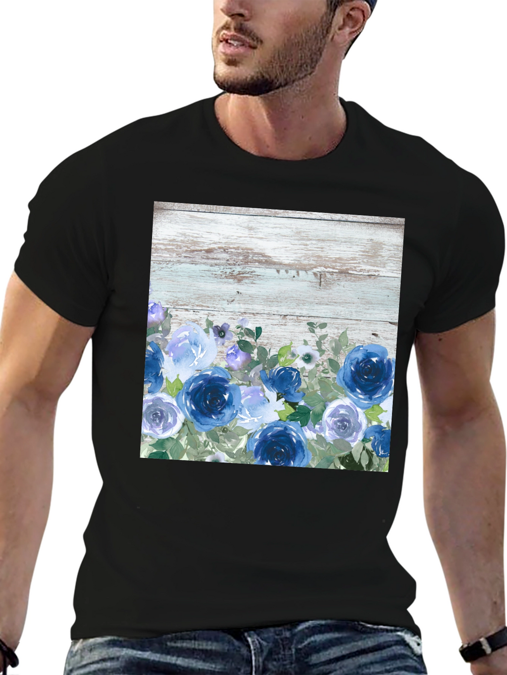 Blue Floral Woodgrain Graphic T-Shirt