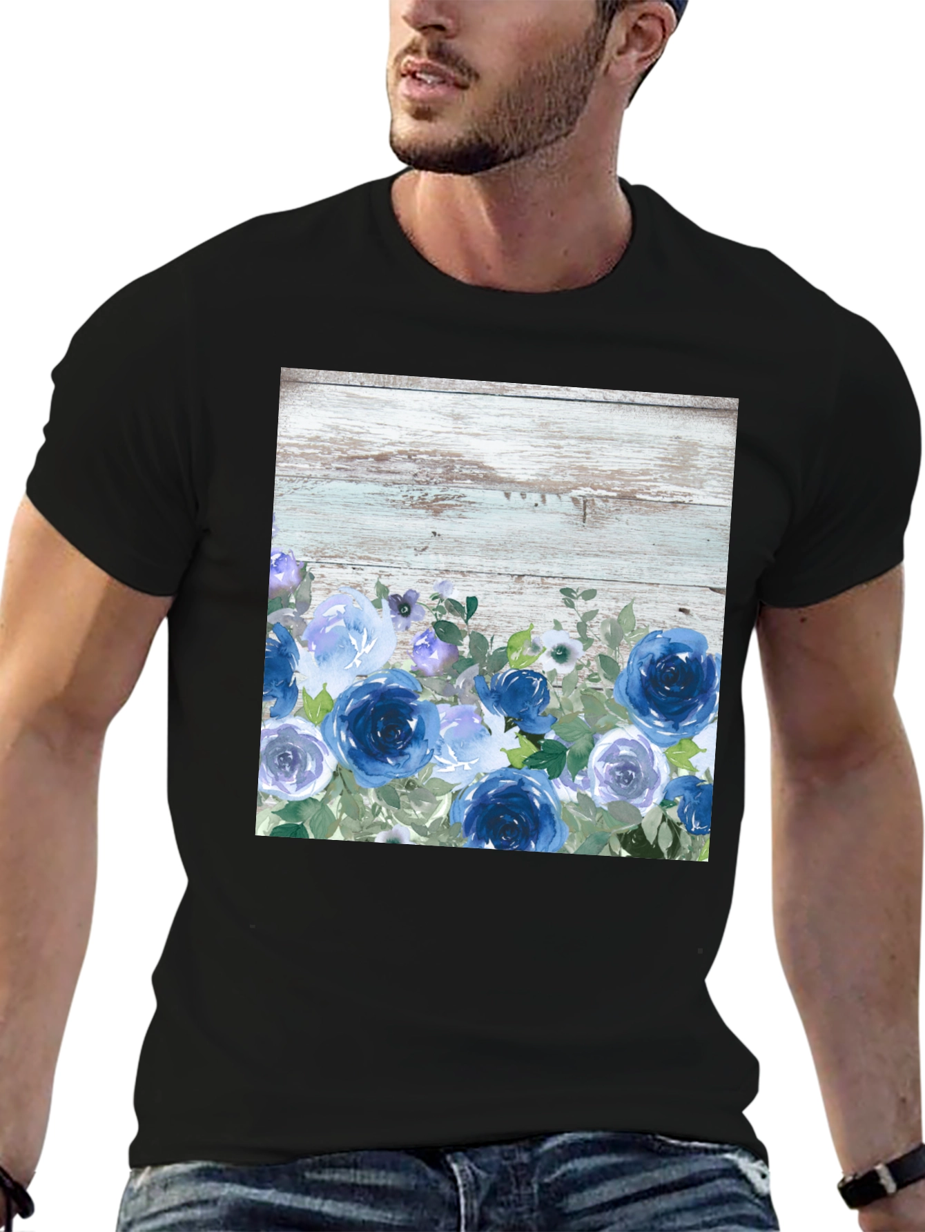 Blue Floral Woodgrain Graphic T-Shirt