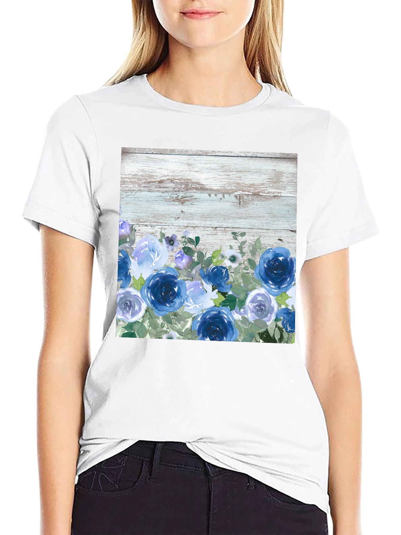 Blue Floral Woodgrain Graphic T-Shirt
