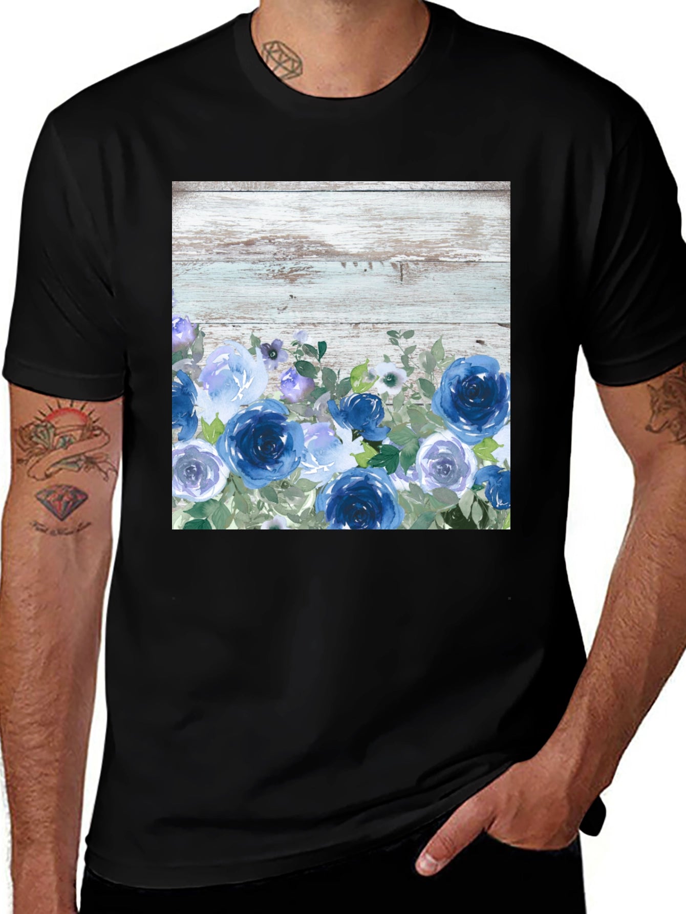 Blue Floral Woodgrain Graphic T-Shirt