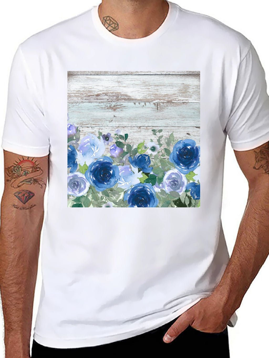 Blue Floral Woodgrain Graphic T-Shirt