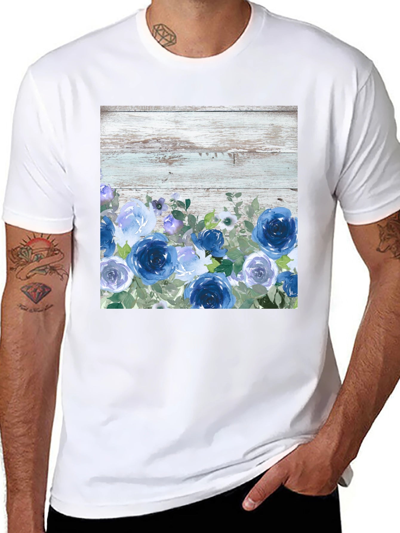 Blue Floral Woodgrain Graphic T-Shirt