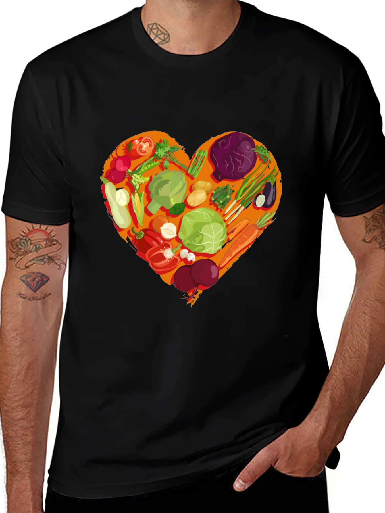 Vegetarian Heart Graphic T-Shirt - Black Cotton Tee